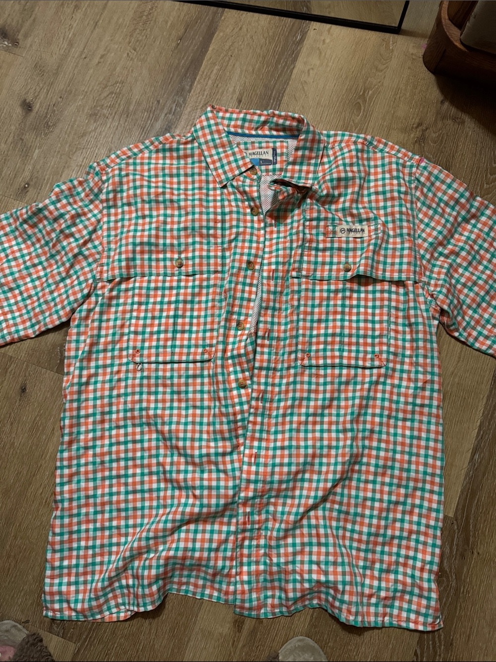 Magellan Outdoors Orange and Teal Check Short-Sleeve Button-Down